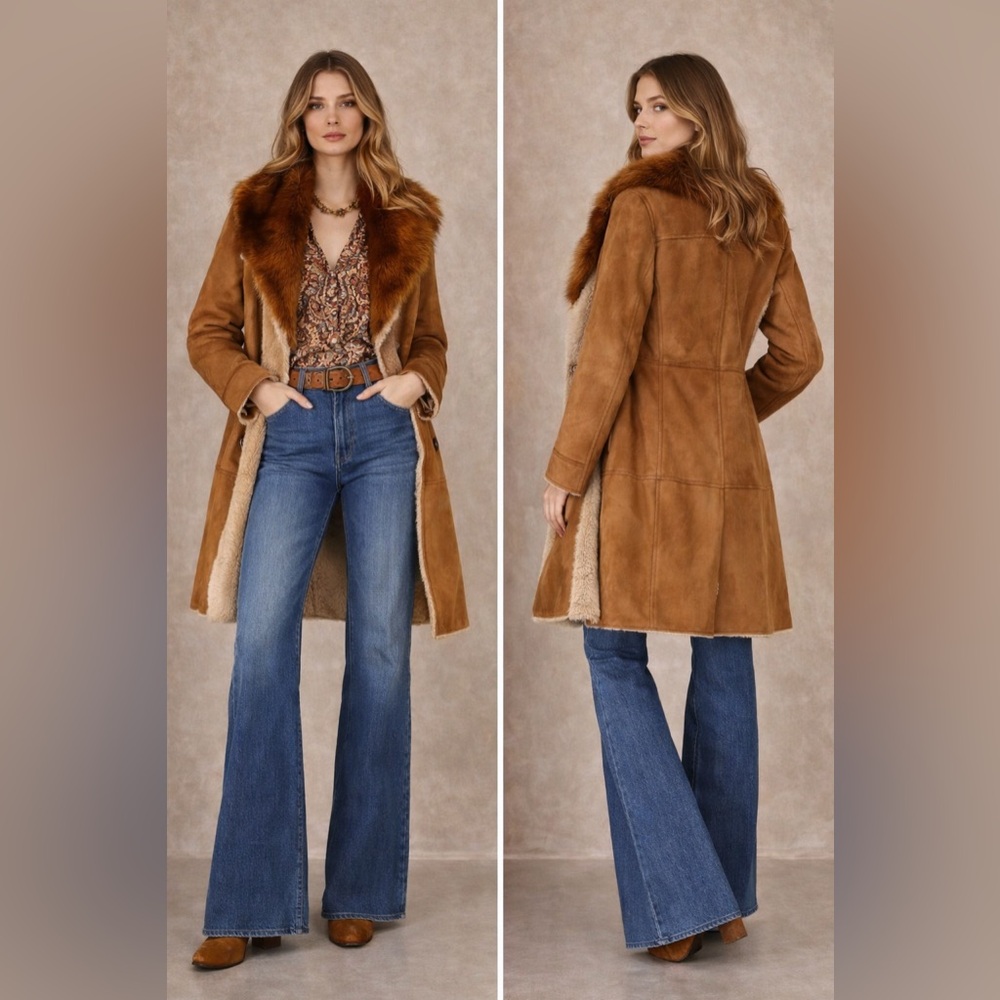 Molly Bracken Faux Shearling Coat Brown Fur Collar 70s Penny Lane Jacket